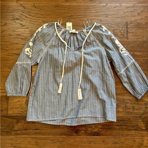 NWT Vintage America Blue Striped Blouse with Embroidered Sleeves